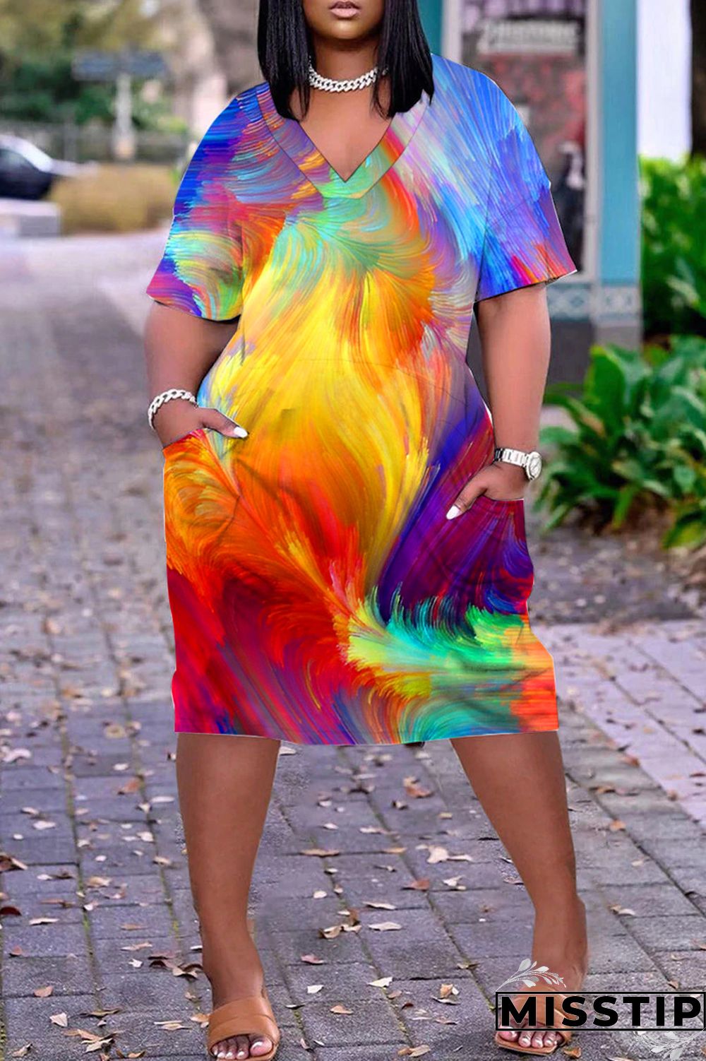 Navy Blue Casual Print Patchwork V Neck Short Sleeve Dress