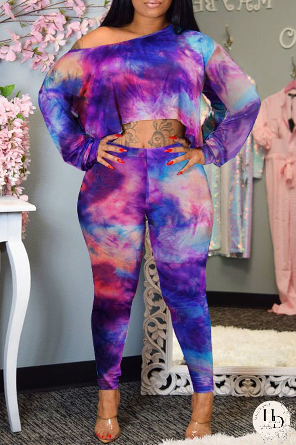 Green Fashion Casual Print Tie-dye Oblique Collar Long Sleeve Two Pieces