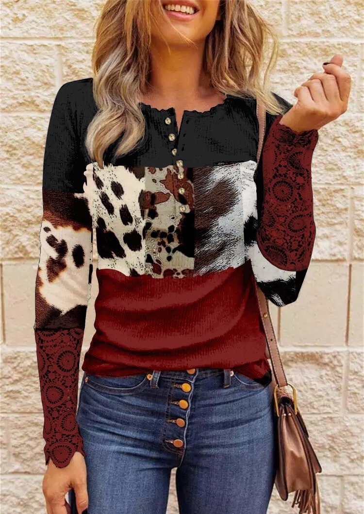 Cow Print Retro Style Lace Hollow Out Splicing Color Block Button Blouse