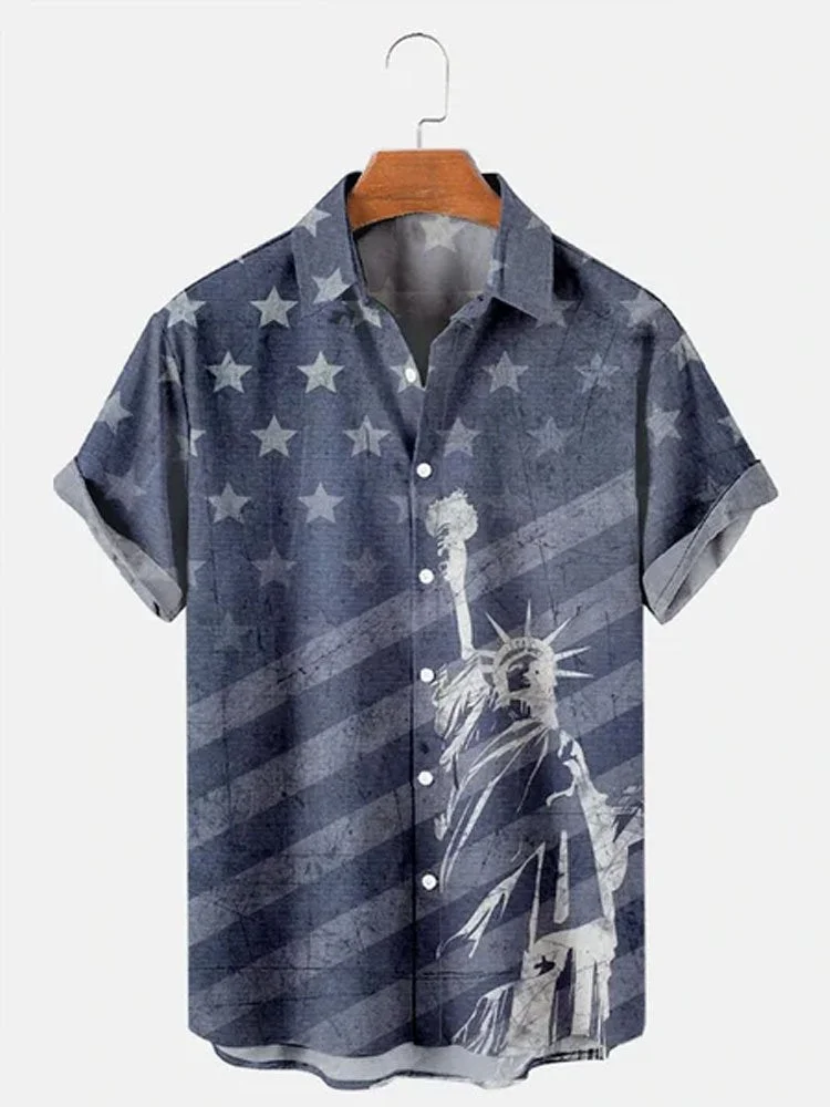Men's Casual Independence Day Flag Print Short Sleeve Hawaiian Shirt