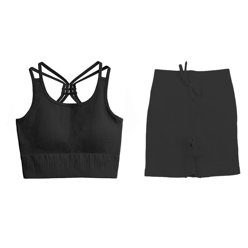 SVOKOR Sport Two Piece Sets Women Gym Tracksuits Workout 2Pcs Sexy Running Leggings Cycling Shorts Fitness Vest Short Crop Tops