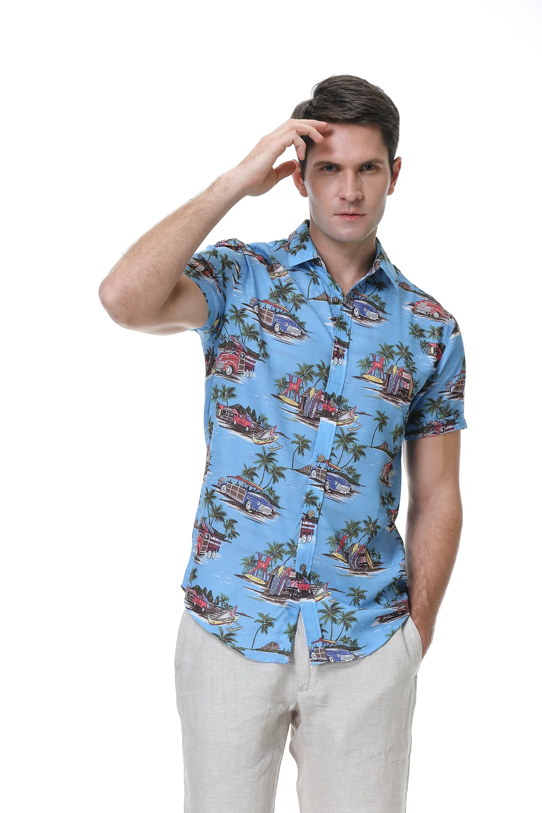 Men's Aloha Beach Shirt Blue Car Alex Vando Fashion