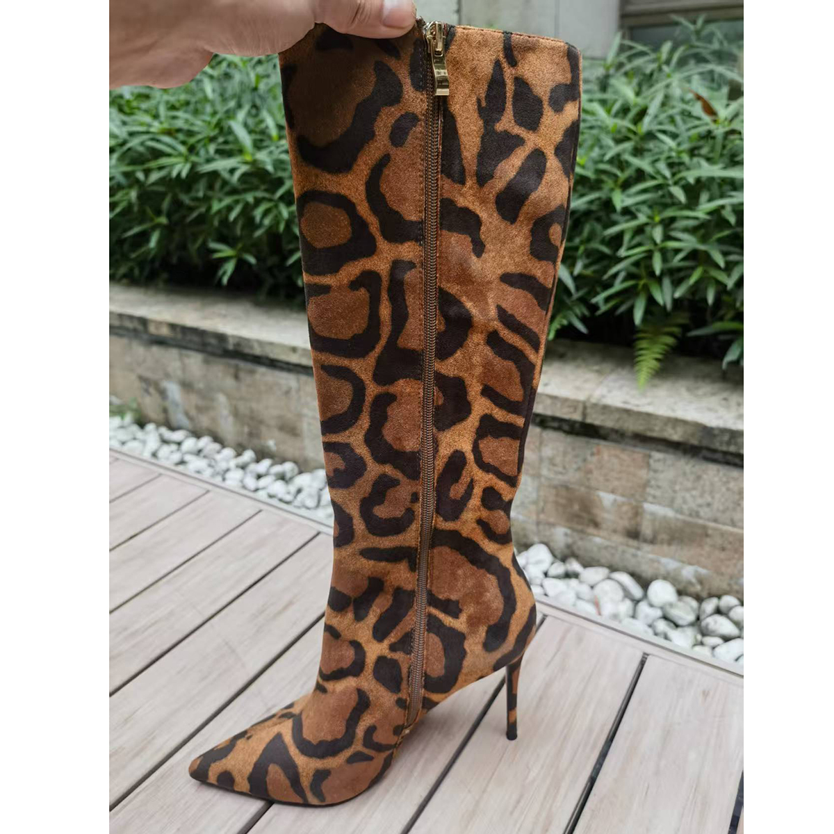 100mm Women's Stiletto Heel Knee Boots Red Bottom Leopard Suede Knee Boots-MERUMOTE