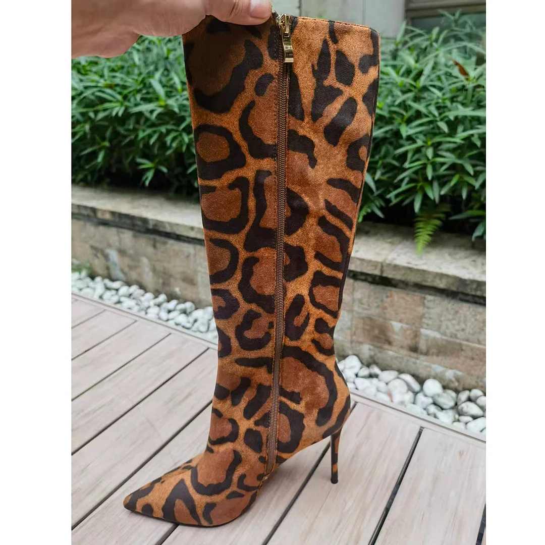 100mm Women's Stiletto Heel Knee Boots Red Bottom Leopard Suede Knee Boots-MERUMOTE