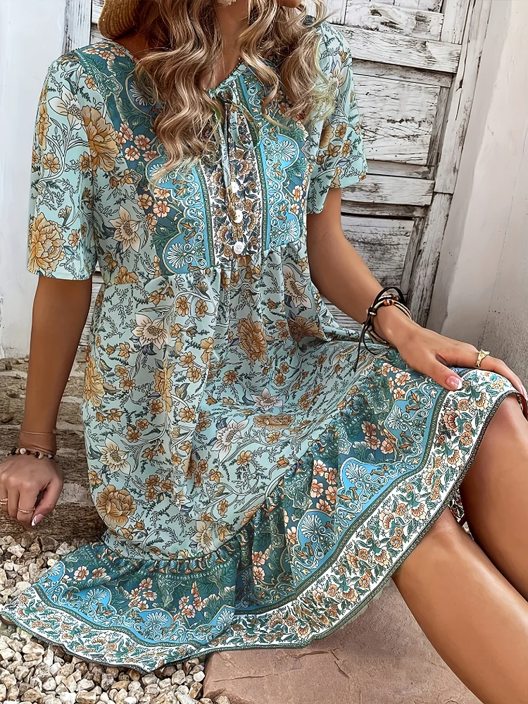 Bohemian Style Floral Print Loose Short Sleeve Dress For Women - Comfortable And Breathable Fabric, Perfect For Beach Vacations And Casual Wear