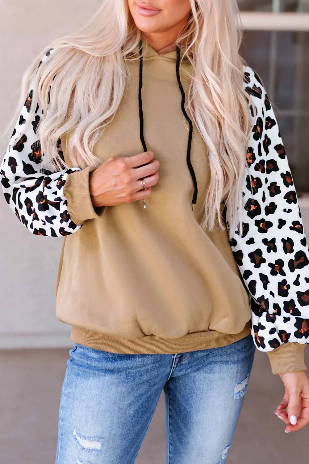 Khaki Leopard Bishop Sleeve Hooded Sweatshirt | IFYHOME