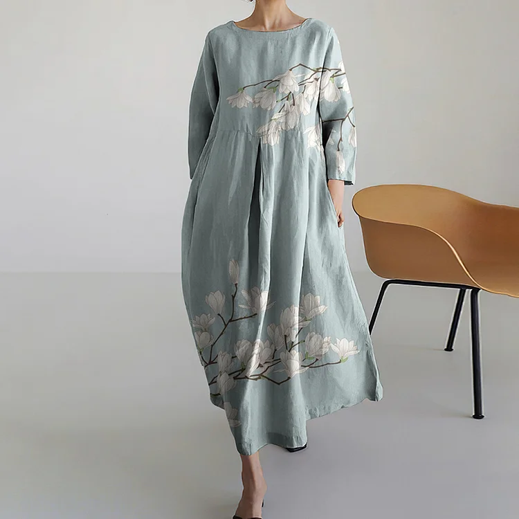 Wearshes Women Japanese Art Floral Pattern Linen Blend Maxi Dress