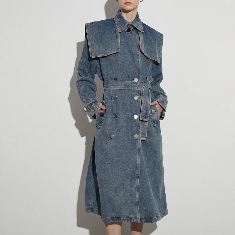 Toloer Toloer 2024 New Design Feeling Takes The Waist Long Joker Wash Old Denim Trench Coat Girl-Outfit Ideas