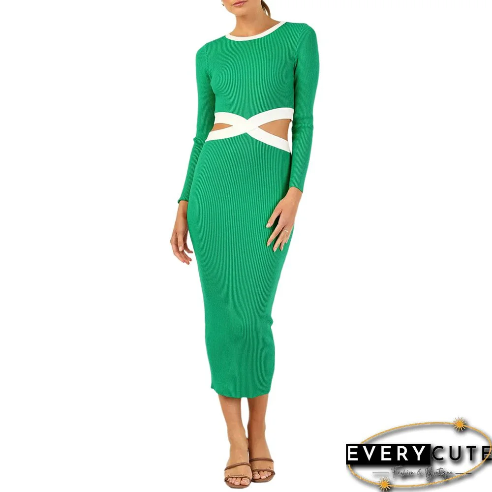 Green Ribbed Cut-out Long Sleeve Bodycon Dress