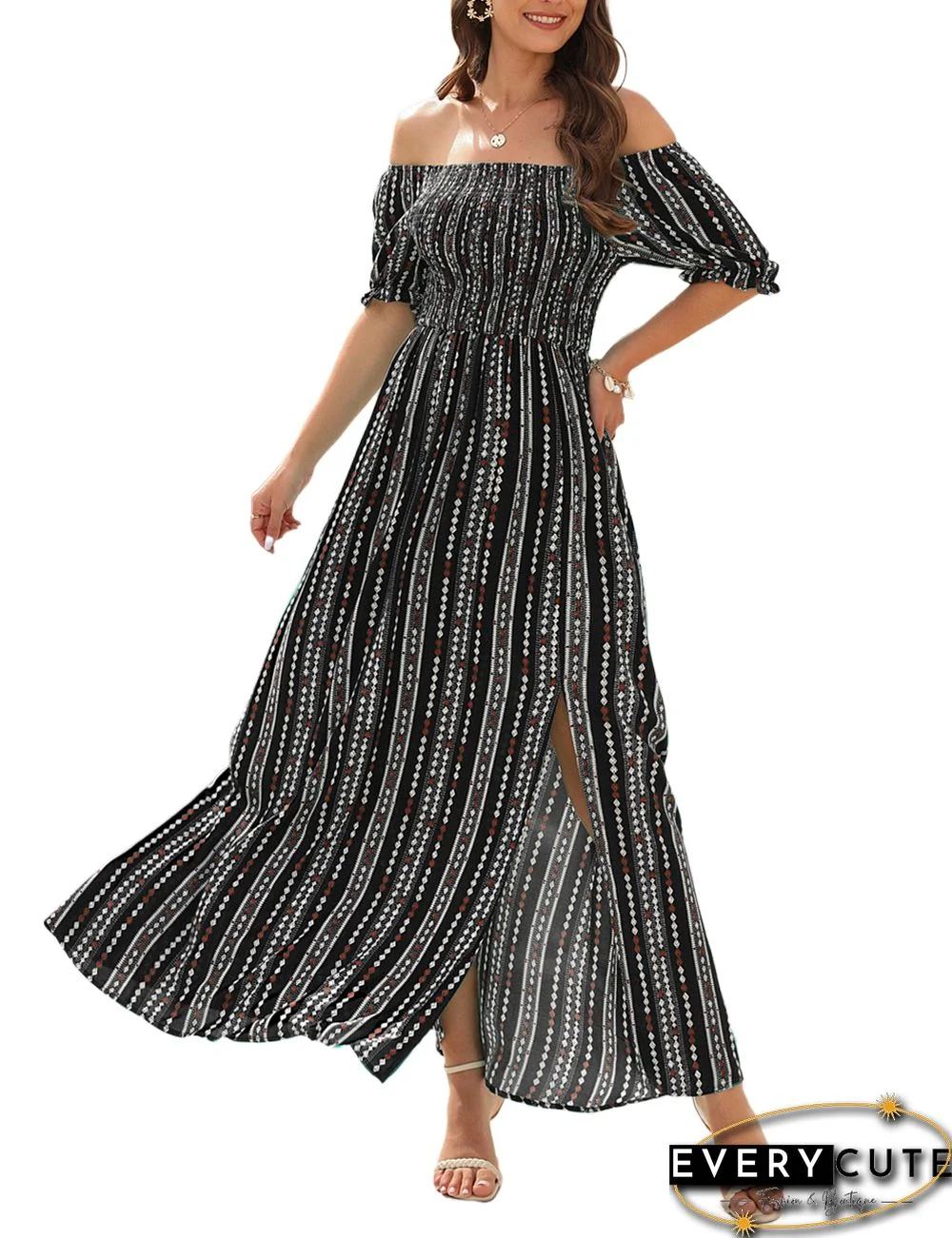 Black Vertical Striped Print Split Off Shoulder Maxi Dress