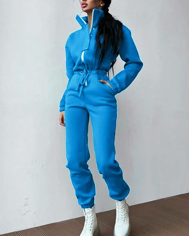 Stand collar waist casual knitted jumpsuit
