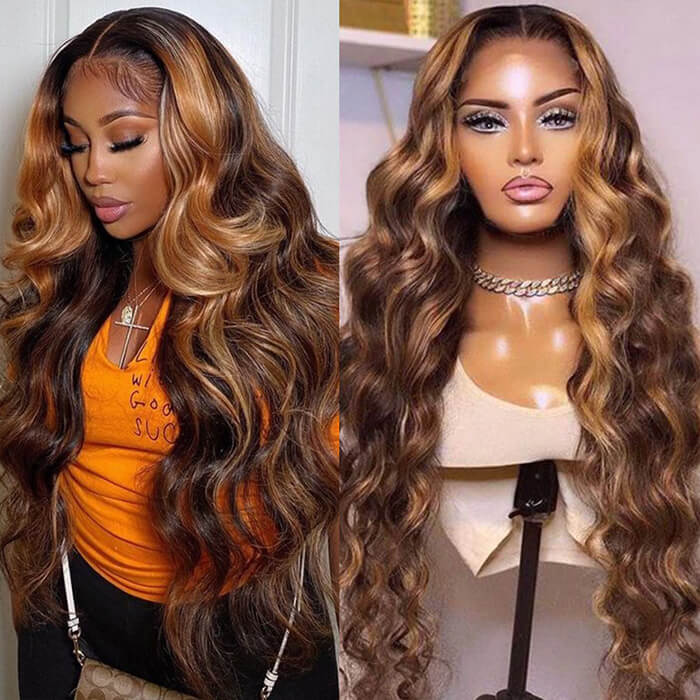 200% Density Body Wave  4/27 Honey Blonde Highlight Lace Front Human Hair Wigs 