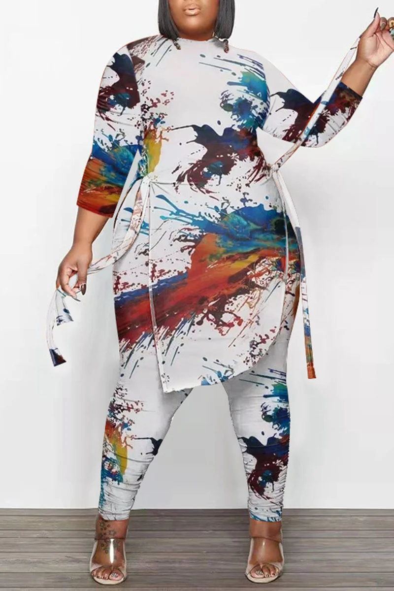 White Casual Print Camouflage Print Bandage Patchwork Asymmetrical O Neck Plus Size Two Pieces