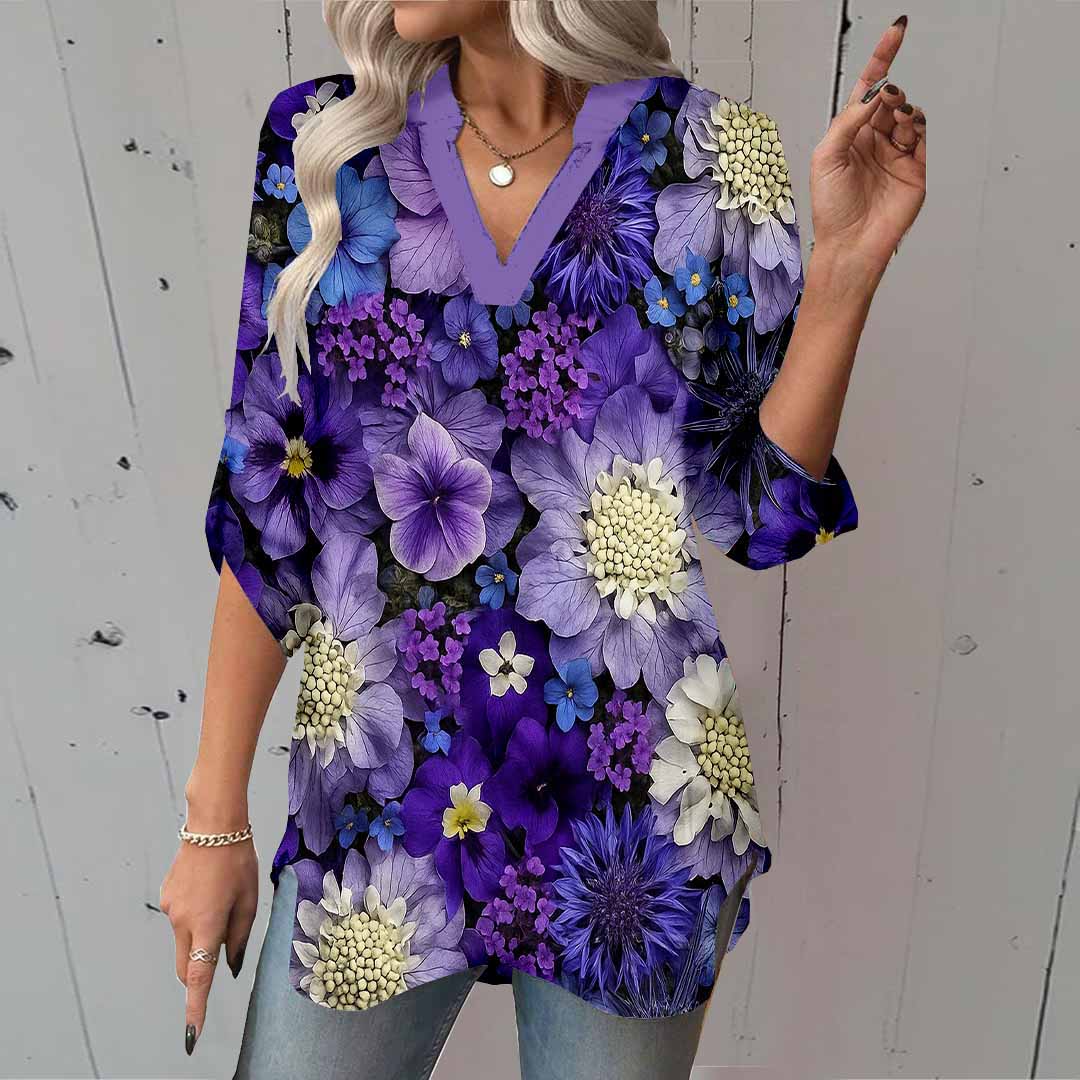 Women Floral,Purple,Gold DZGA0737 3/4 Sleeve V-neck Printed Graphic Button Tops