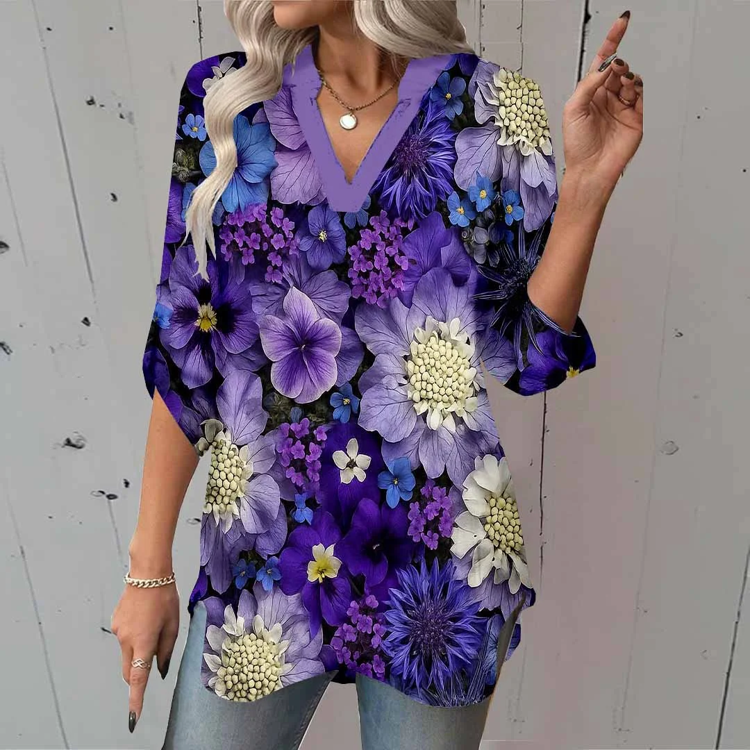 Women Floral,Purple,Gold DZGA0737 3/4 Sleeve V-neck Printed Graphic Button Tops