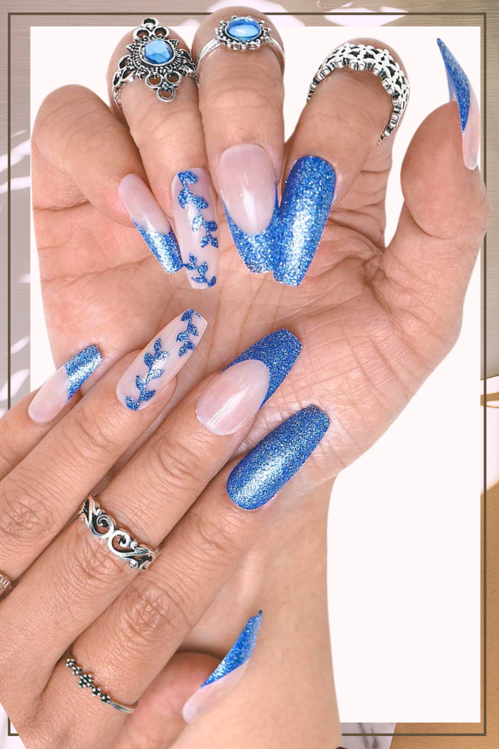Glossy Blue Glitter French Tip Coffin Press On Nails
