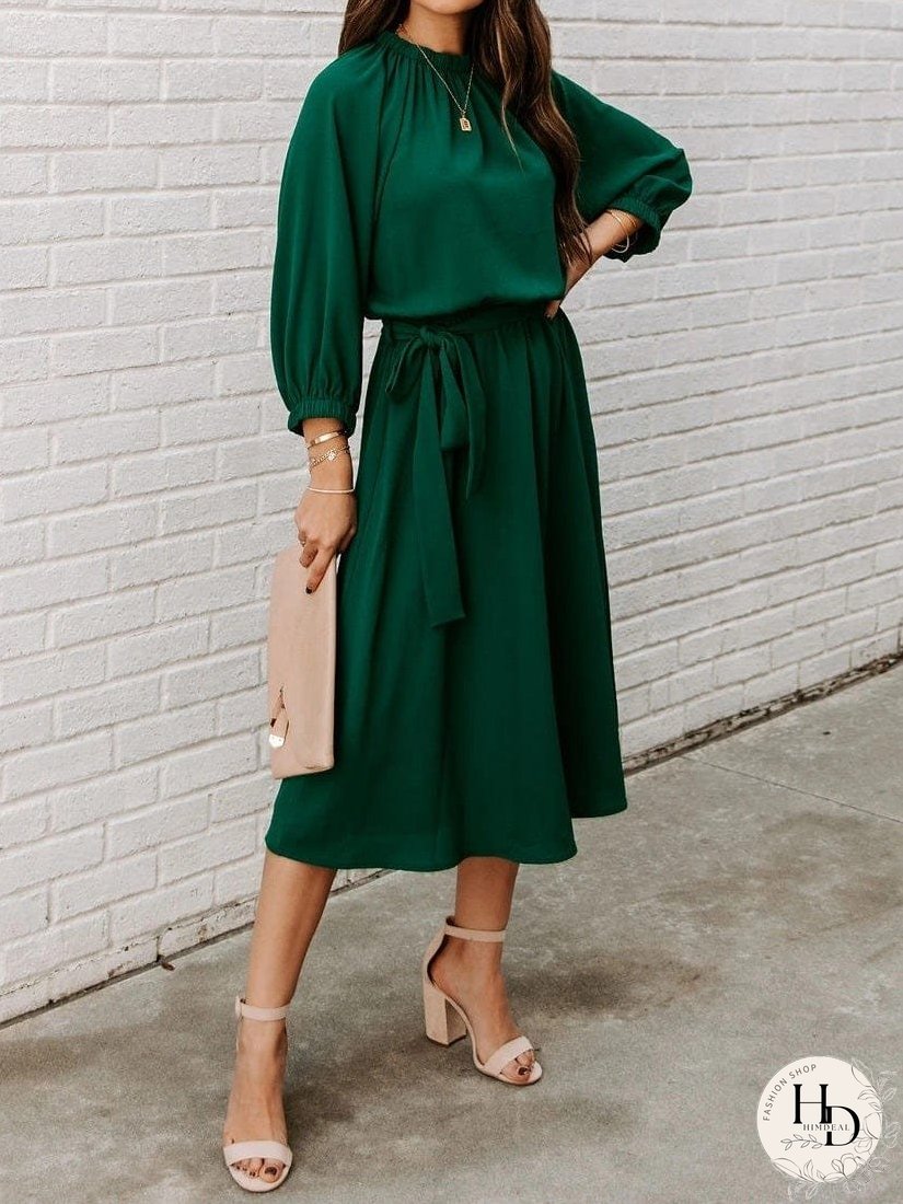 Round Neck Belted Long Sleeve Dress