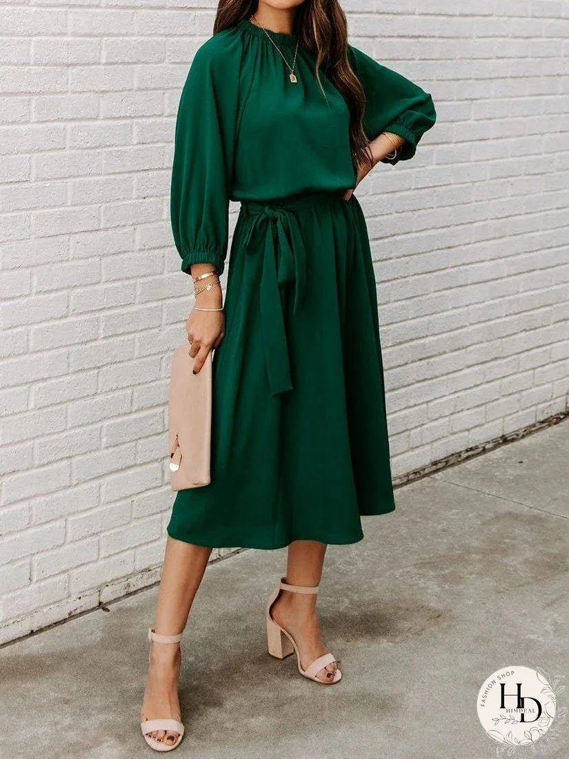 Round Neck Belted Long Sleeve Dress