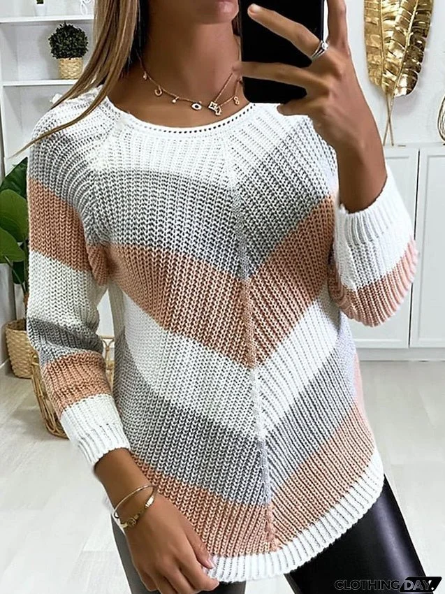 Women's Sweater Pullover Jumper Knitted Striped Color Block Stylish Basic Casual Long Sleeve Loose Sweater Cardigans Crew Neck Fall Winter Spring Wine Red Powder gray Yellow / Holiday / Going out