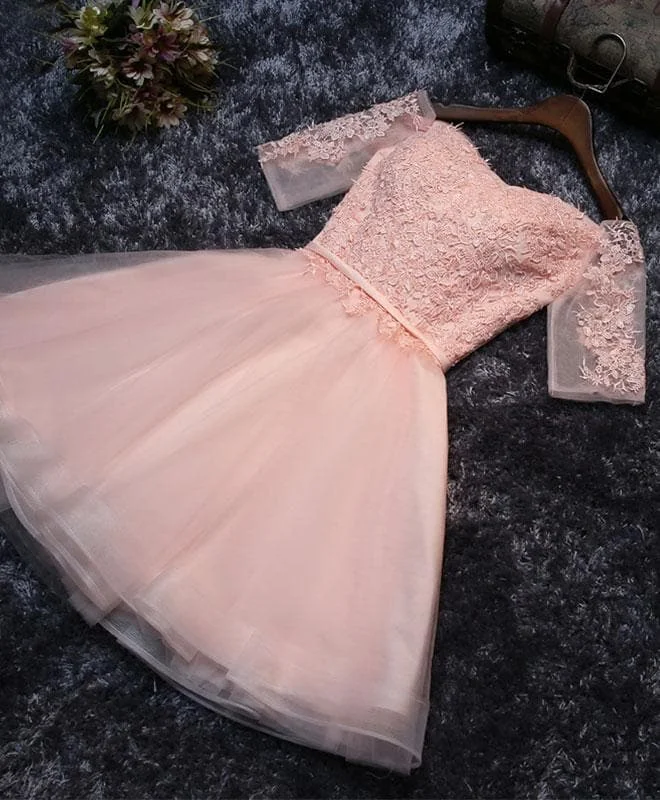 Pink Lace Tulle A Line Short Prom Dress, Homecoming Dresses