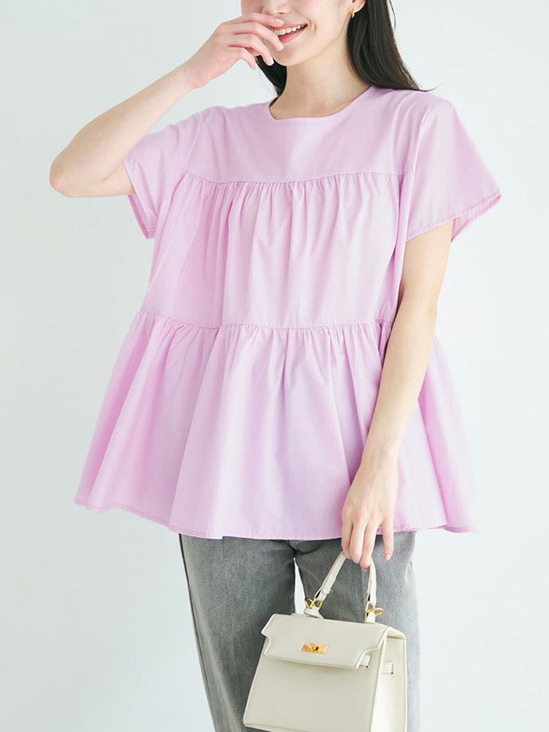 Double Layer Pleated Round Neck Short Sleeve Loose Top