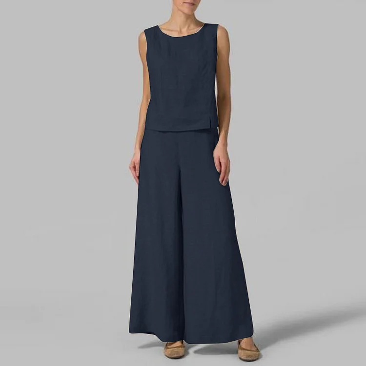 Casual Solid Color Sleeveless Tank Top Two Piece Set