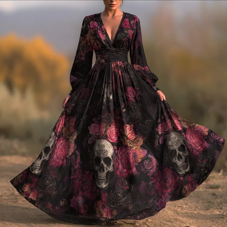 Halloween Theme Rose And Skull Pattern Women's V-neck Long Dress