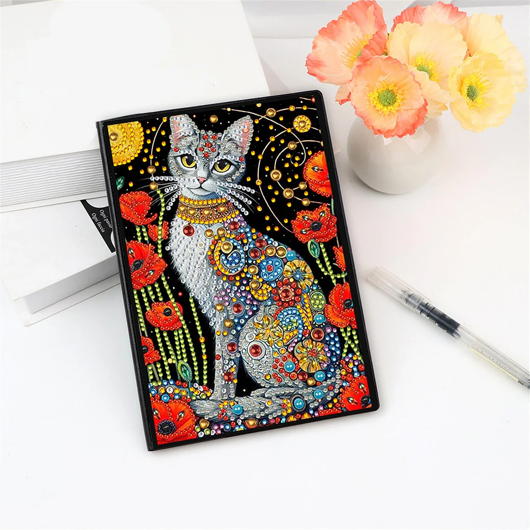 DIY Flower Diamond Painting Journals Notebooks 50 Pages A5 No Lines Special Shaped Diamond Art Kits for Beginners Craft Lovers and Artists (Cat and Flower)