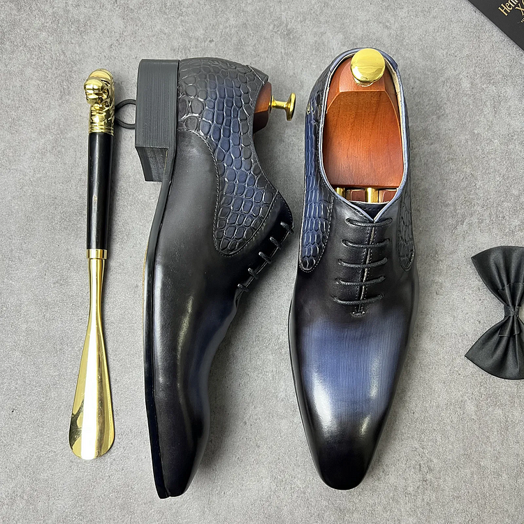 Men's Genuine Leather Lace-up Blue Handmade Leather Shoes