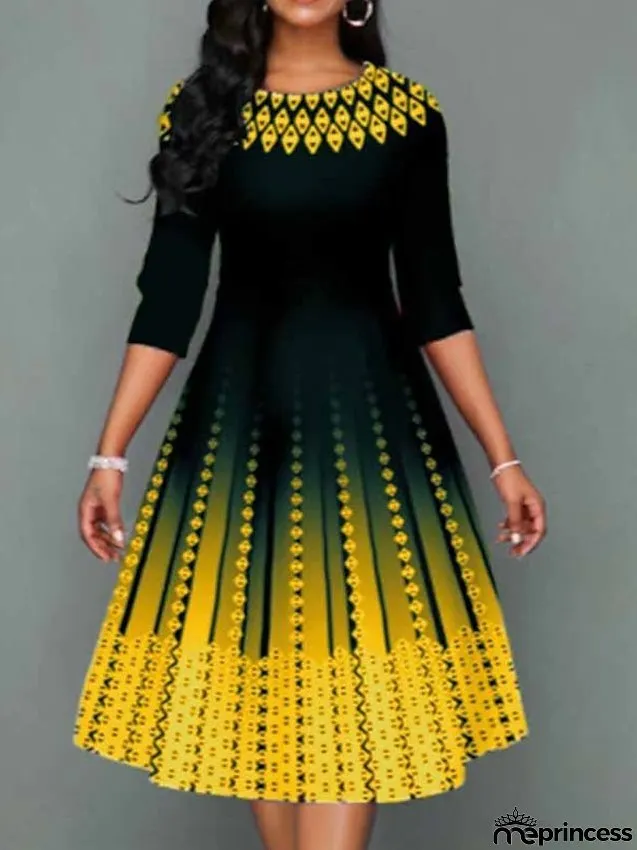 Work Dress Swing Dress Church Dress Midi Dress Red Royal Blue Blue 3/4 Length Sleeve Print Print Summer Spring Crew Neck Elegant S M L XL XXL 3XL 4XL 5XL for Women