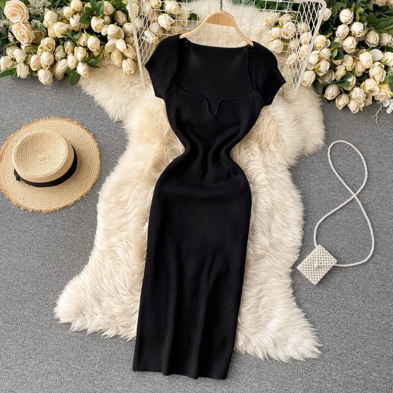 Croysier Spring Summer Short Cap Sleeve Knitted Sexy Bodycon Dress Back Slit Square Neck Casual Vintage Elegant Midi Dress Women