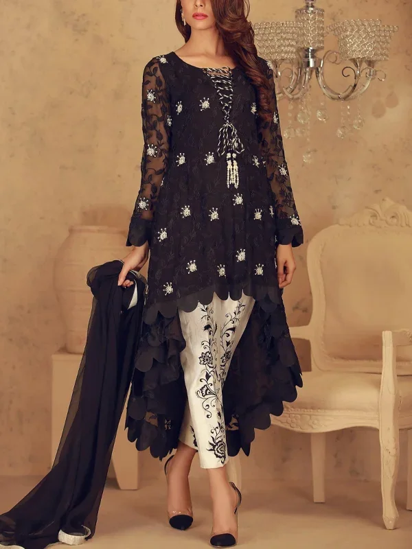 Crew Neck Printed Lace Top Trousers Suit