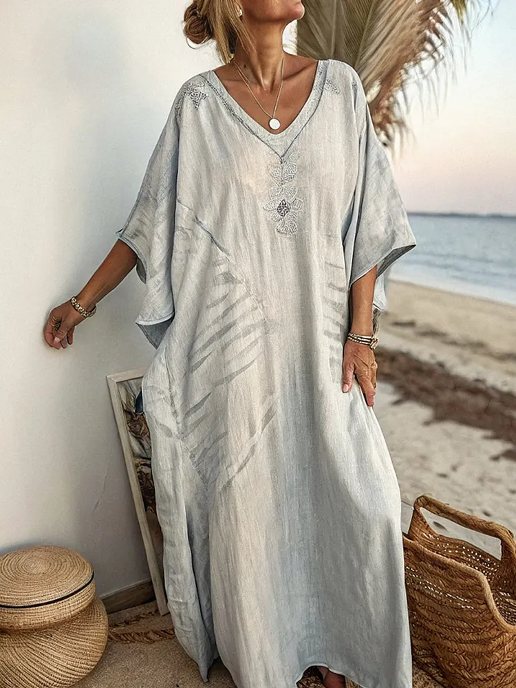 Women's Bohemian Print Casual V-neck Cotton Linen Dress