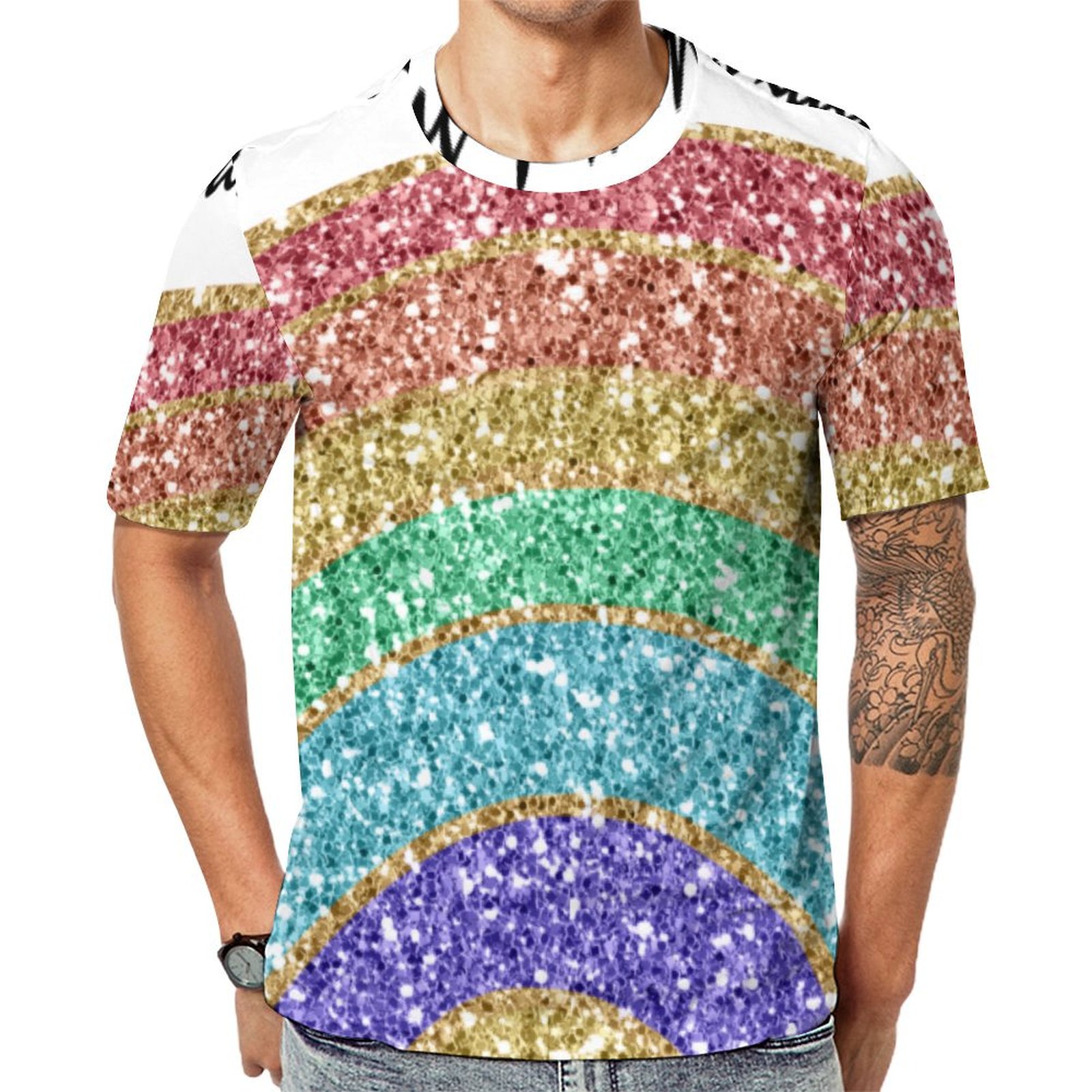 Glitter Sparkle Gold Rainbow Print Short Sleeve Print Unisex Tshirt Summer Casual Tees for Men and Women Coolcoshirts