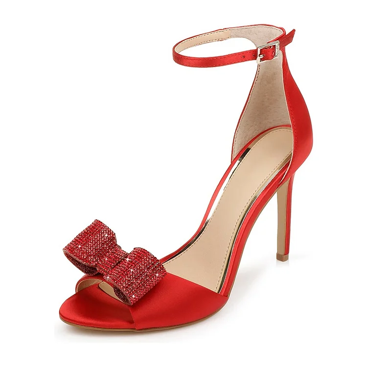 Red Satin Bow Ankle Strap Heels Rhinestone Stiletto Heel Sandals |FSJ Shoes