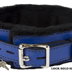 pornhint Pornhint 2" Wide Heavy Duty Blue Leather Locking Collar with Faux Fur Lining Kinky Gift Bondage BDSM Kink Gear