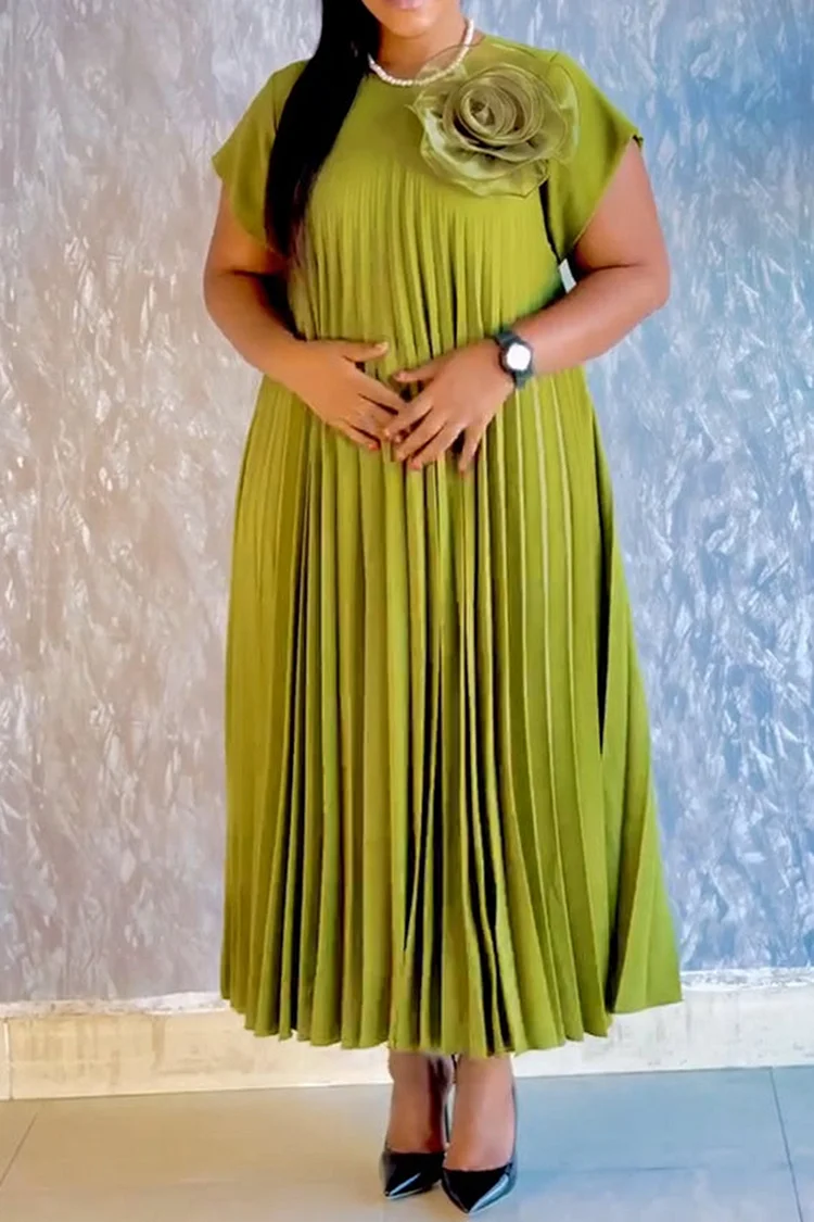 Plus Size Business Casual Green Elegant Round Neck Short Sleeve 3D Pleated Midi Dresses