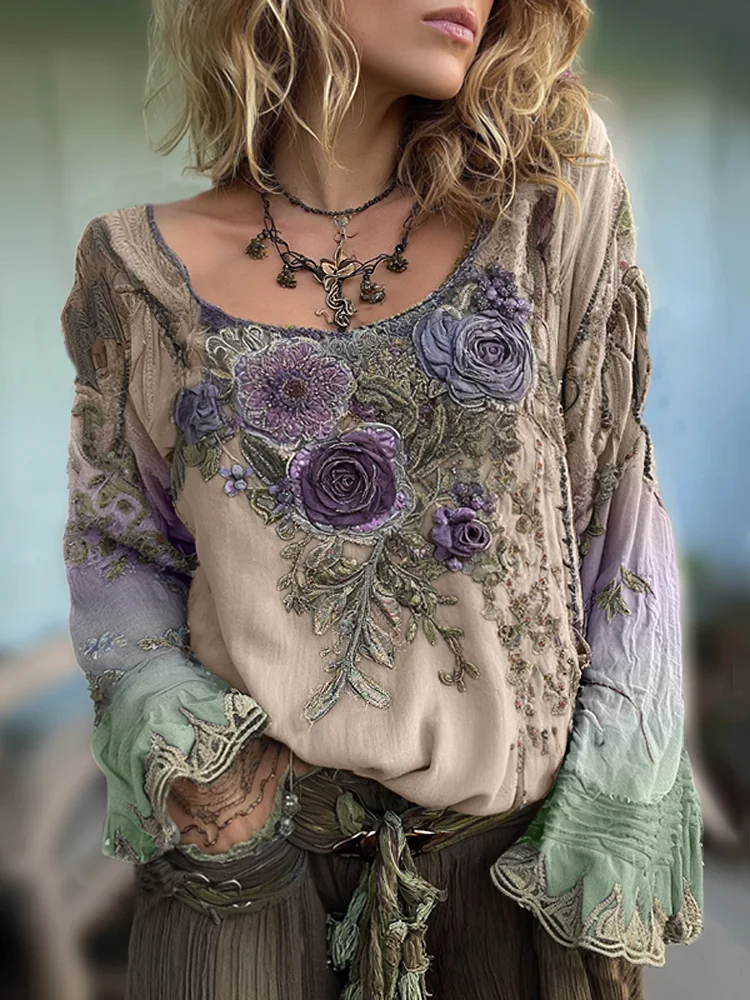 Vintage Purple Lavender And Floral Embroidered Linen Long Sleeve Shirt