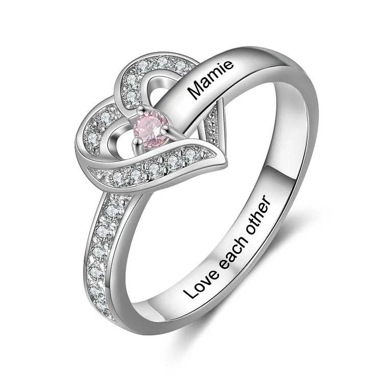 S925 Silver Personalized Mother Ring with 1 Birthstone Heart Family Ring