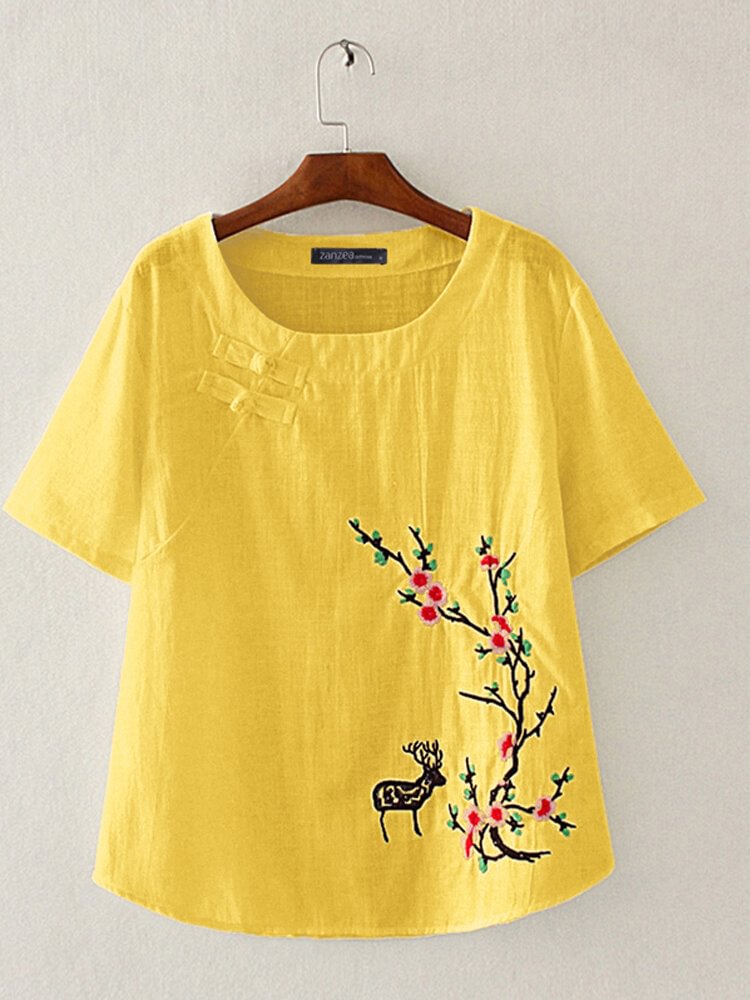 Animal Flower Embroidery Dish Short Sleeve O neck Women Vintage T shirt P1856620