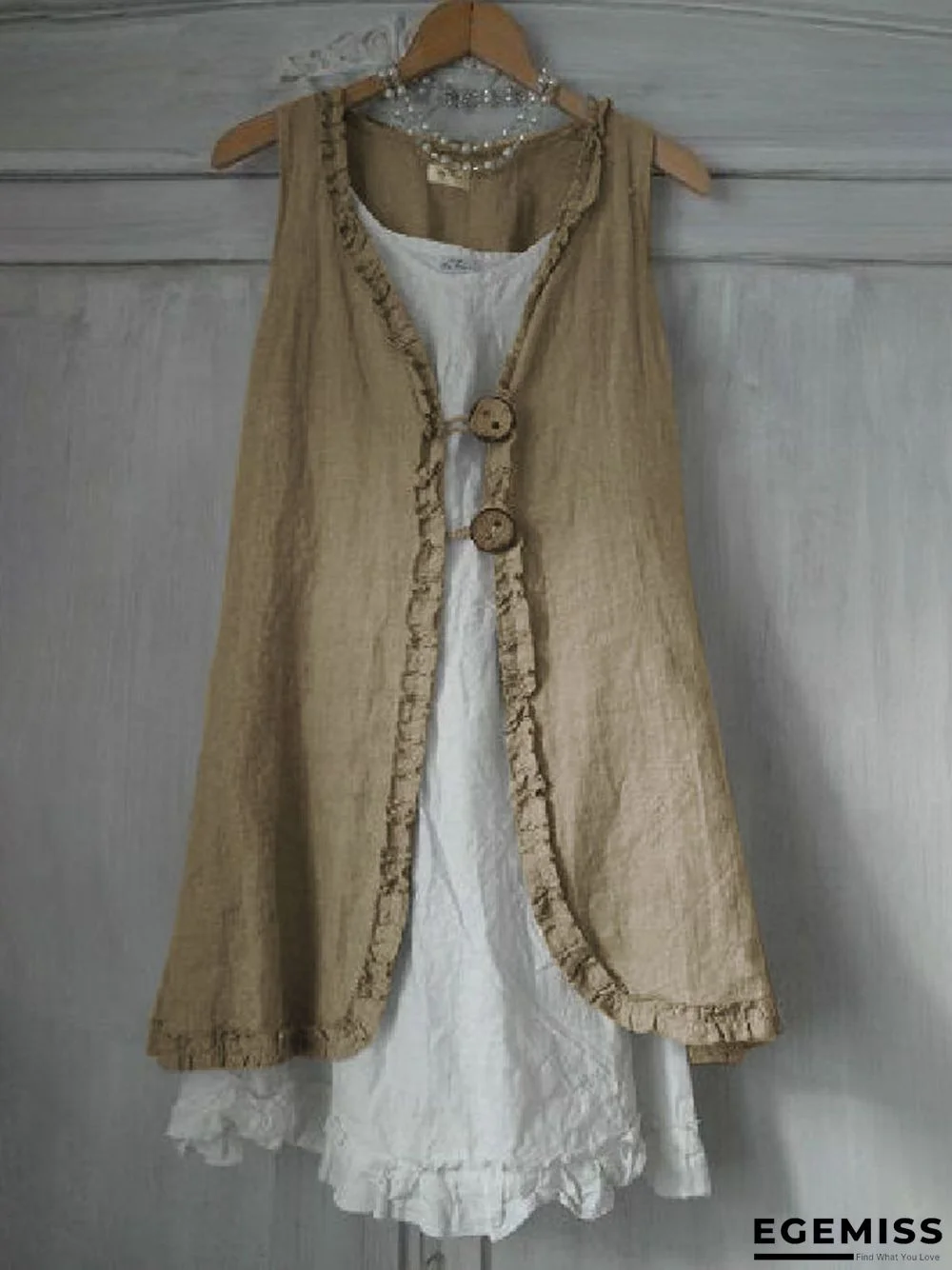 Buttoned Ruffled Sleeveless Linen Solid Shirts & Tops Linen | EGEMISS