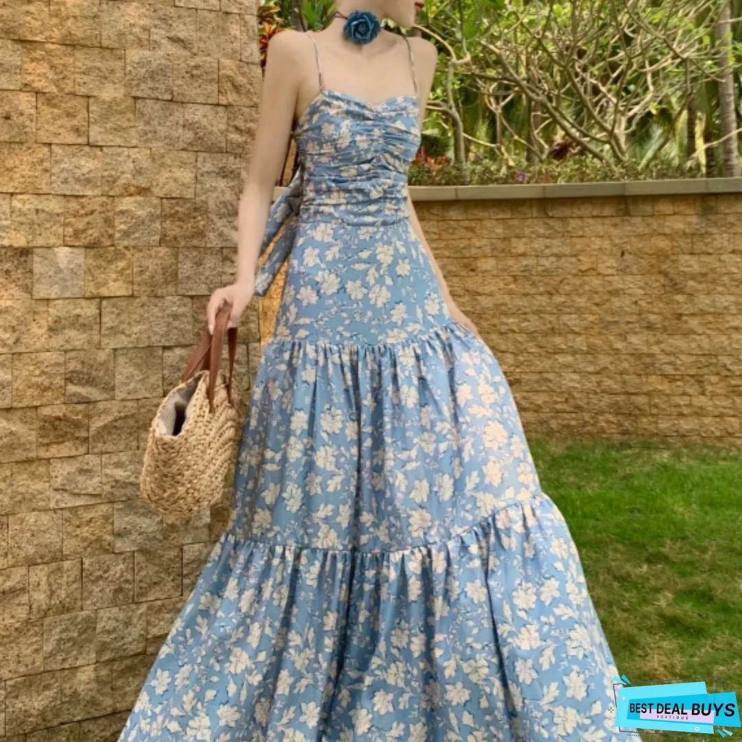Floral Print Ruched Cami Dress, Elegant Sleeveless Ruffle Hem Dress For Spring & Summer, Women's Clothing