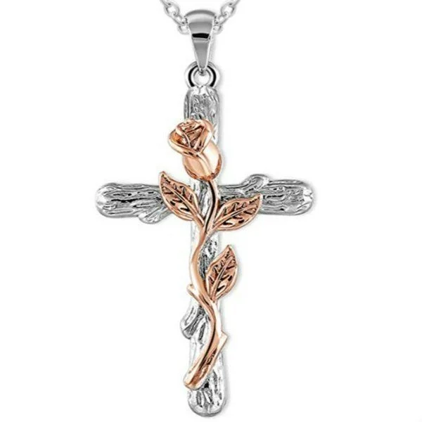 Sterling Silver Rose Cross Necklace