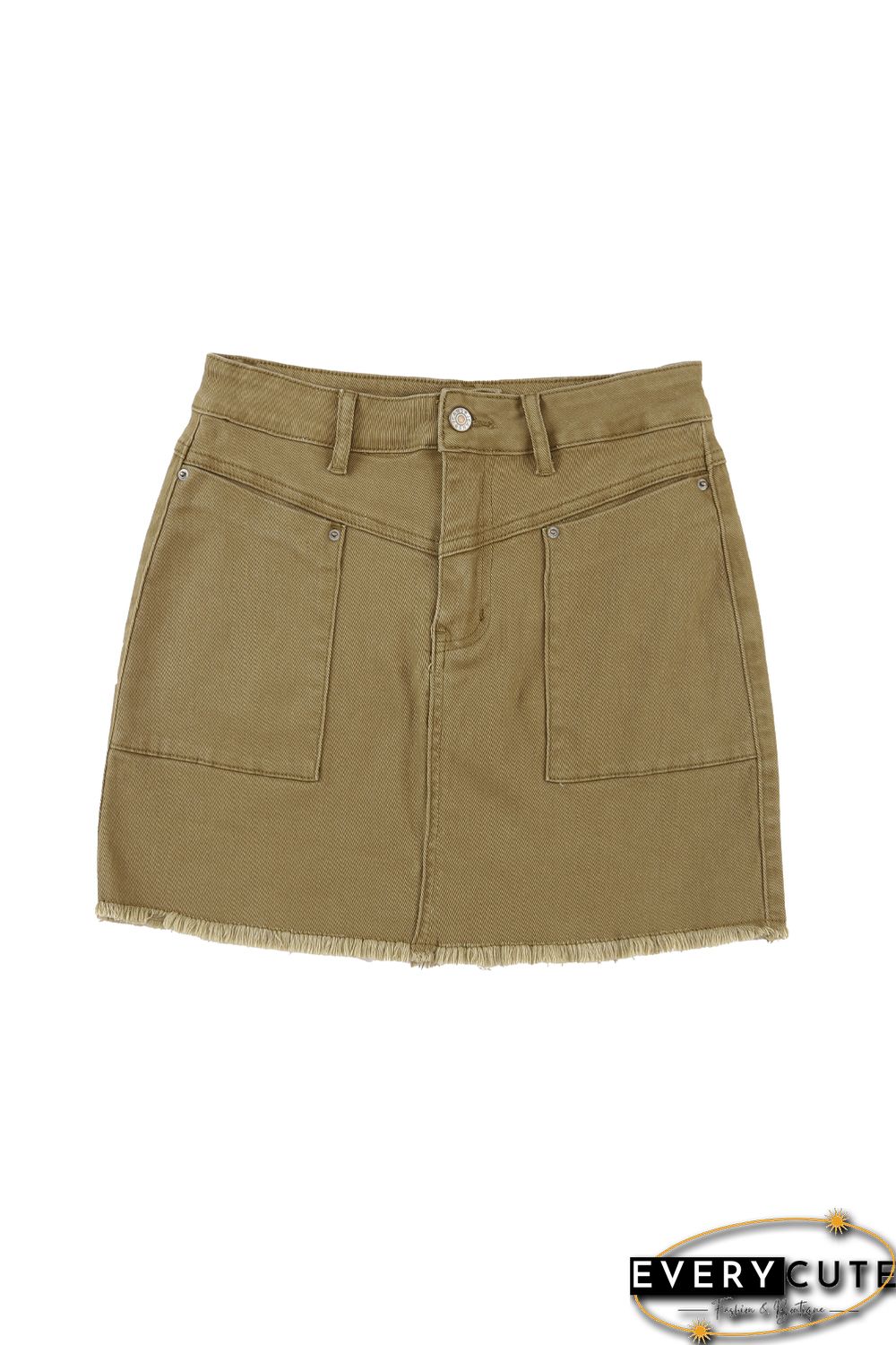 Brown High Waist Pocketed Frayed Hem Mini Denim Skirt