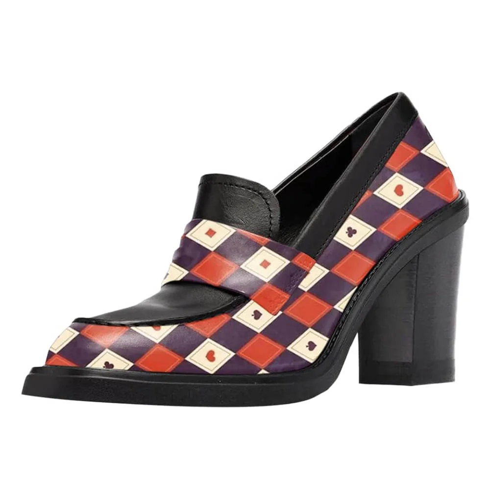 Classic Multicolor Poker Print Round Toe Block Heeled Loafers