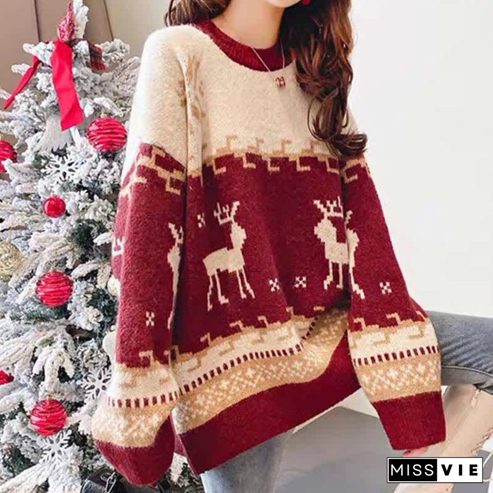 Christmas Reindeer Pattern Colorblock Round Collar Sweater