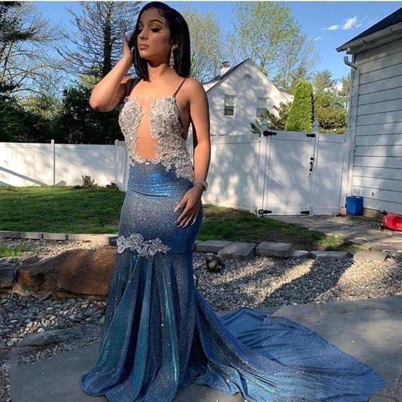 Blue Spaghetti-Straps Prom Dress Mermaid Long With Sequins | Ballbellas Ballbellas