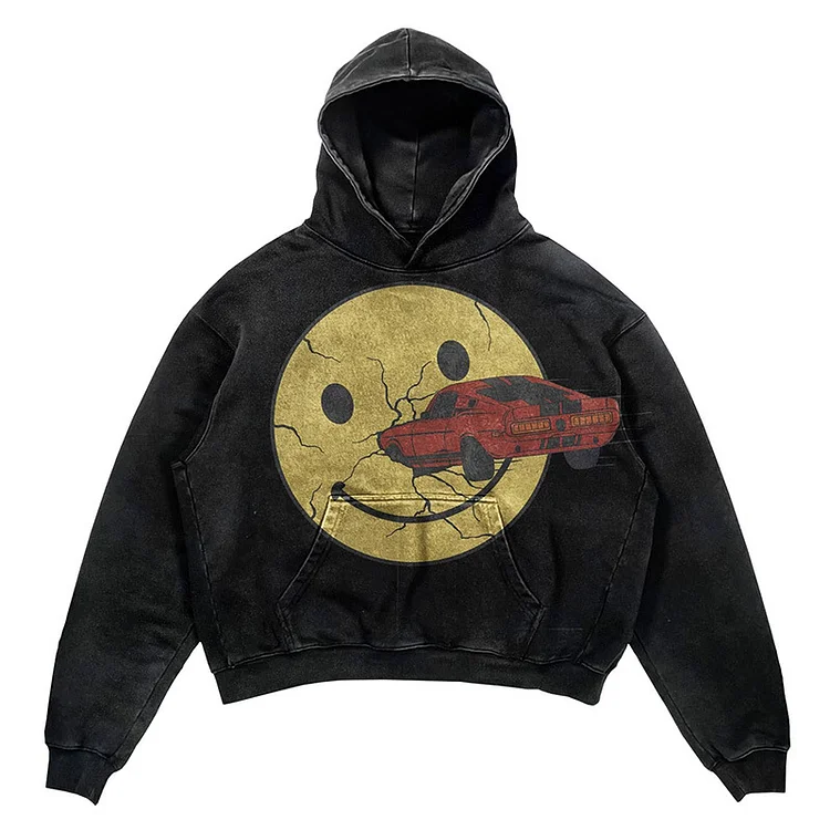 Y2k Gothic Sweatshirts Hoodie Smiley Face Printed Pullover Streetwear at Hiphopee