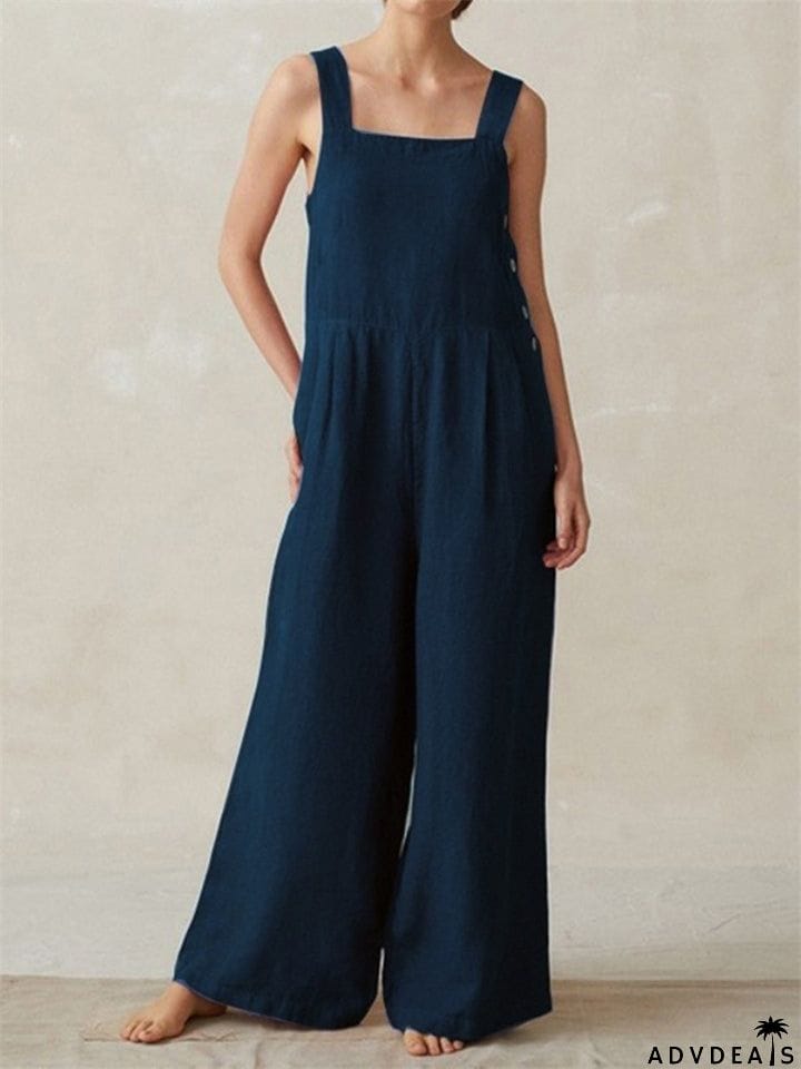Loose Wide-Leg Side Buckle Design Cotton And Linen Pocket Strappy Jumpsuit