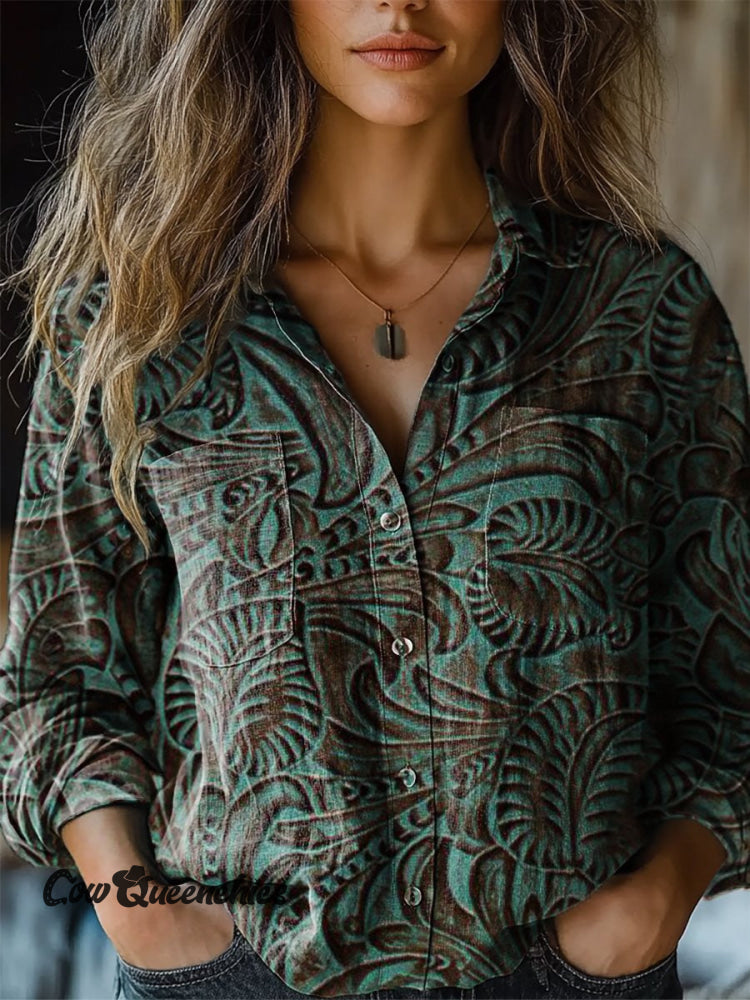 Women’s Turquoise Vintage Flowers Art Print Casual Long Sleeve Comfortable Cotton Shirt